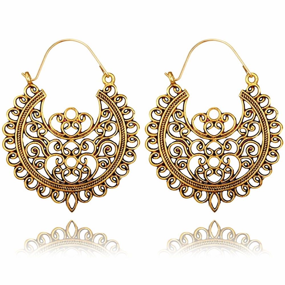 Boho Antique Gold-Tone Ornate Crescent-Shaped Filigree Carved Earrings, NWT